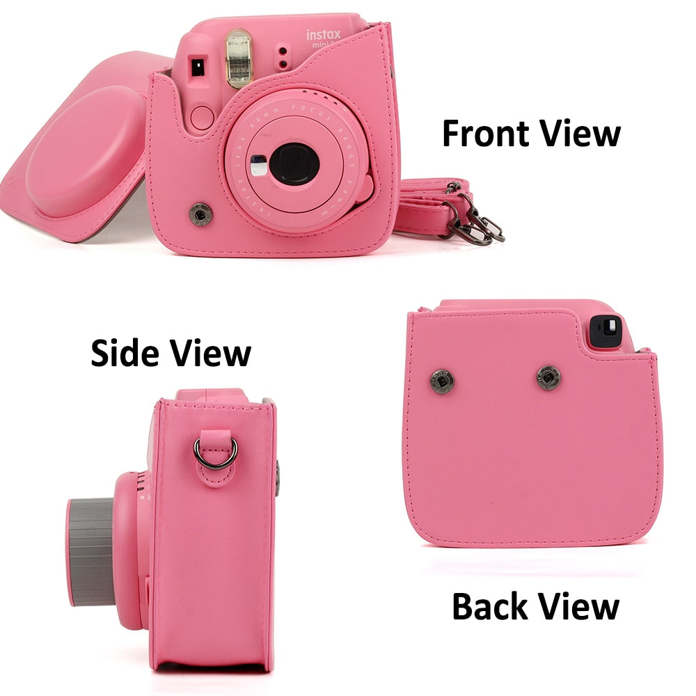 For Fujifilm Instax Mini 8 Mini 9 Camera PU Leather Color Bag Instax Mini case with Shoulder Strap Transparent Crystal Cover